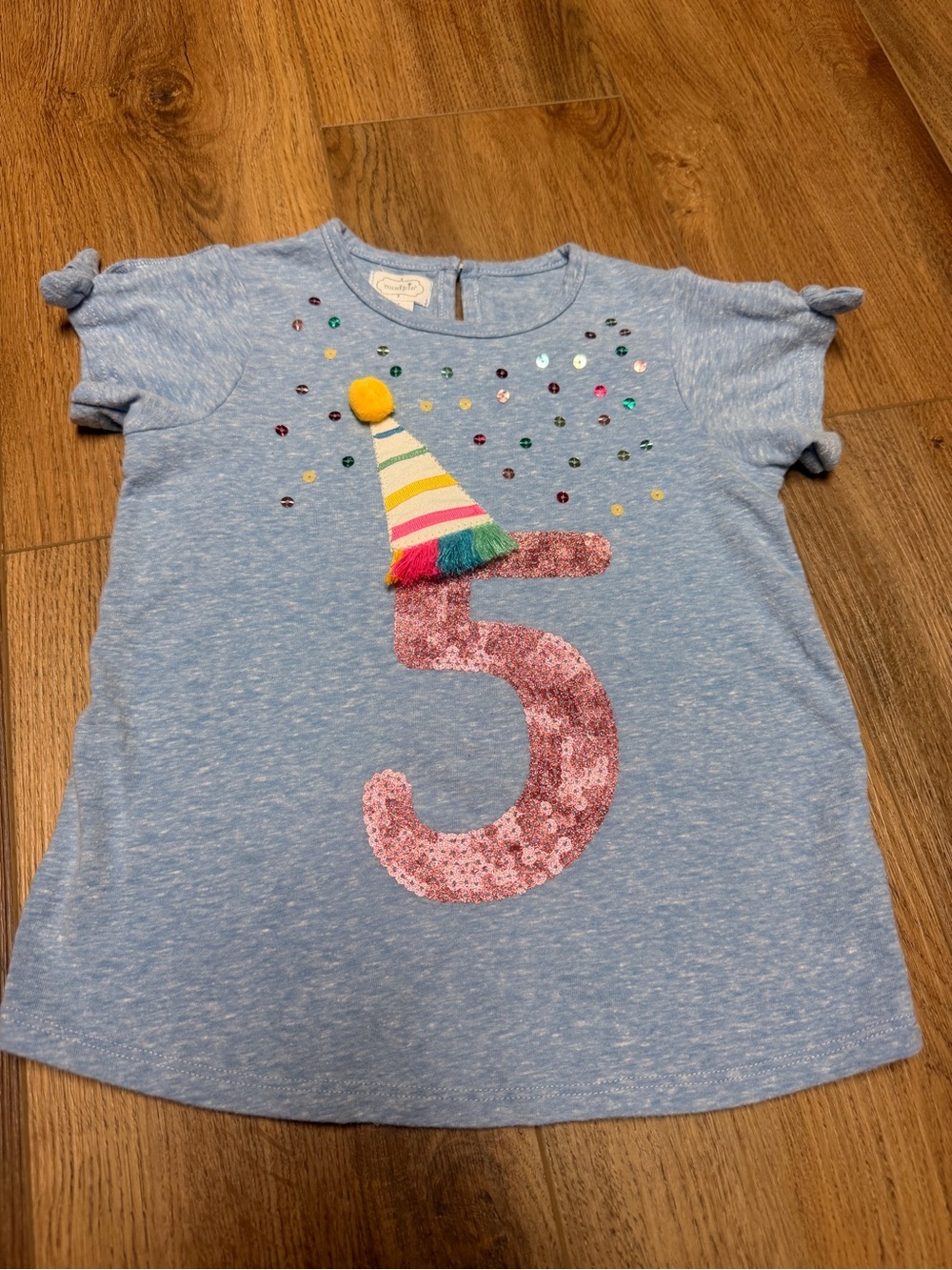Mud Pie Girls 5T Birthday Shirt Blue Sequin 5 Party Hat Knot Sleeve Tee